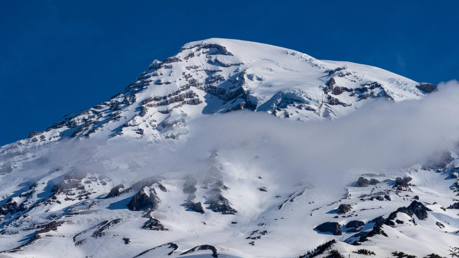 Breathtaking view of snow-covered Mount Rainier summit under a clear blue sky.